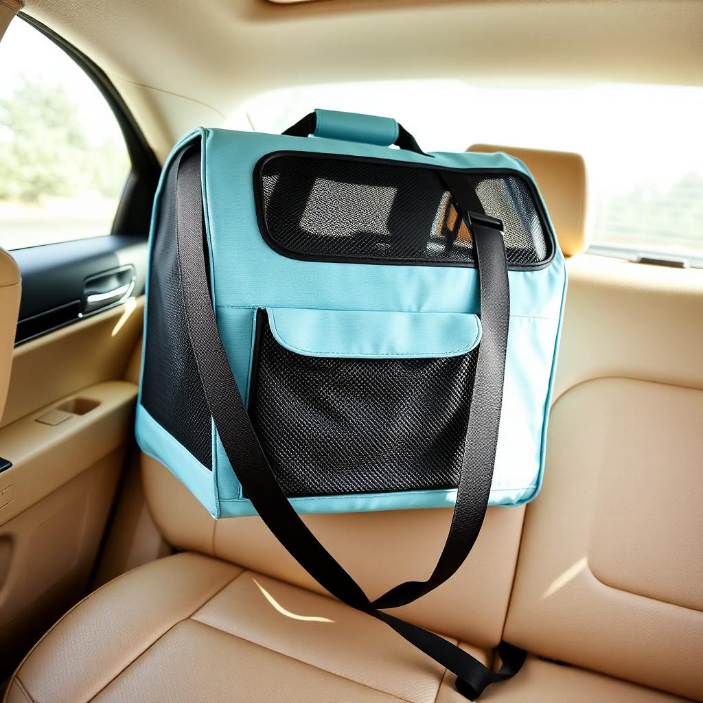 Bolso transportín azul anclado al asiento del coche con el cinturón de seguridad